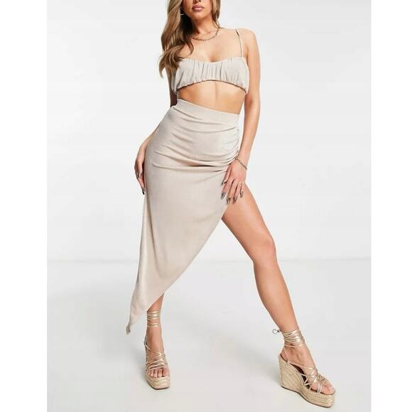 Asos Tan Brown 2 Piece Ruched Summer Beach Crop Top & Midi Slit Skirt Set Size 4 - Picture 1 of 12